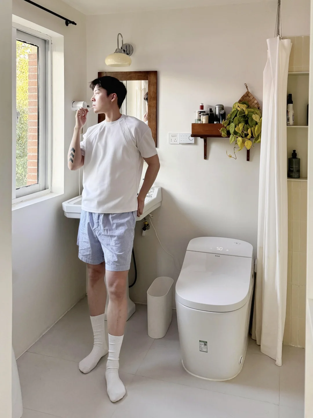 没做淋浴房，只用浴帘的卫生间也太好看了