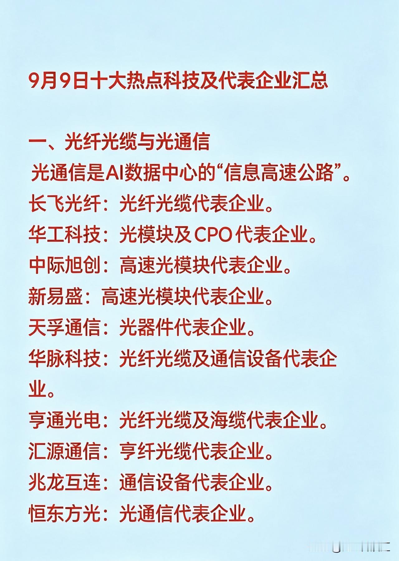 9月9日十大热点科技及代表企业汇总
 
一、光纤光缆与光通信
 光通信是AI数据