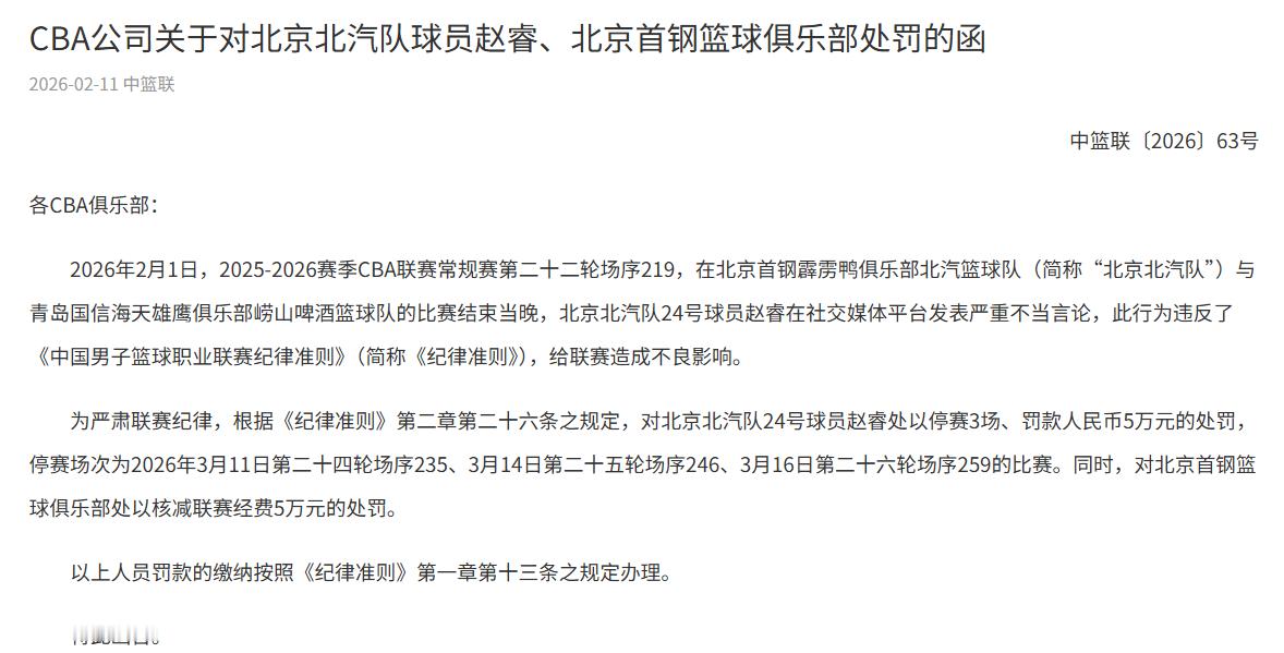 CBA官方：赵睿停赛3场、罚款人民币5万元，北京队罚款5万。CBA 赵睿停赛三场