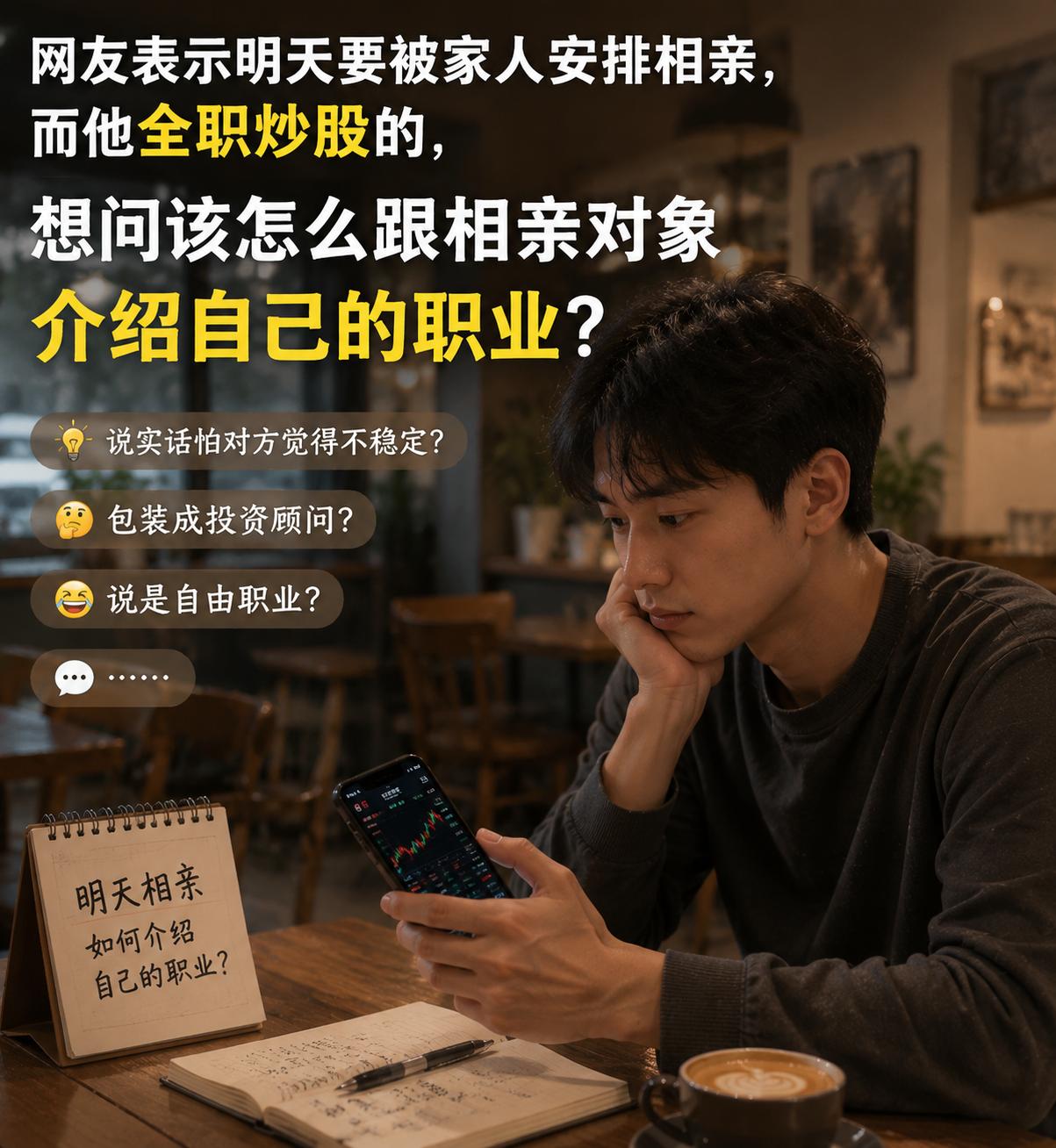 网友表示明天要被家人安排相亲，而他全职炒股的，想问该怎么跟相亲对象介绍自己的职业