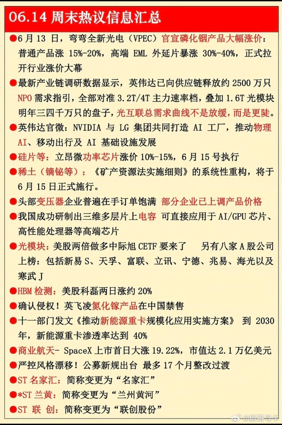 6.14周末热议信息！1.磷化铟产品涨价2.光互联3.物理AI4.变压器、电容5
