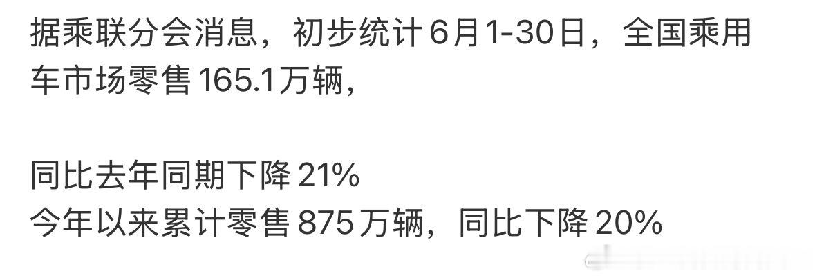 乘用车 整体6月和1-6月均下滑超20%，大家都偏向环保出行了吗？不过新能源汽车