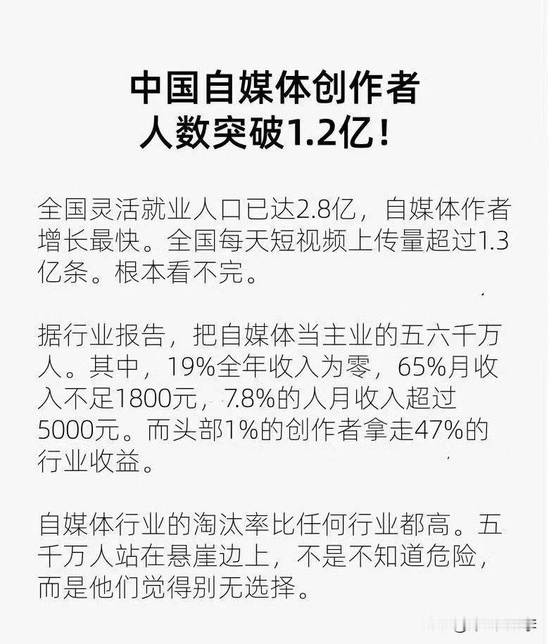 悬崖边的盛宴：1.2亿自媒体人的生存悖论

1.2亿创作者，日均1.3亿条短视频