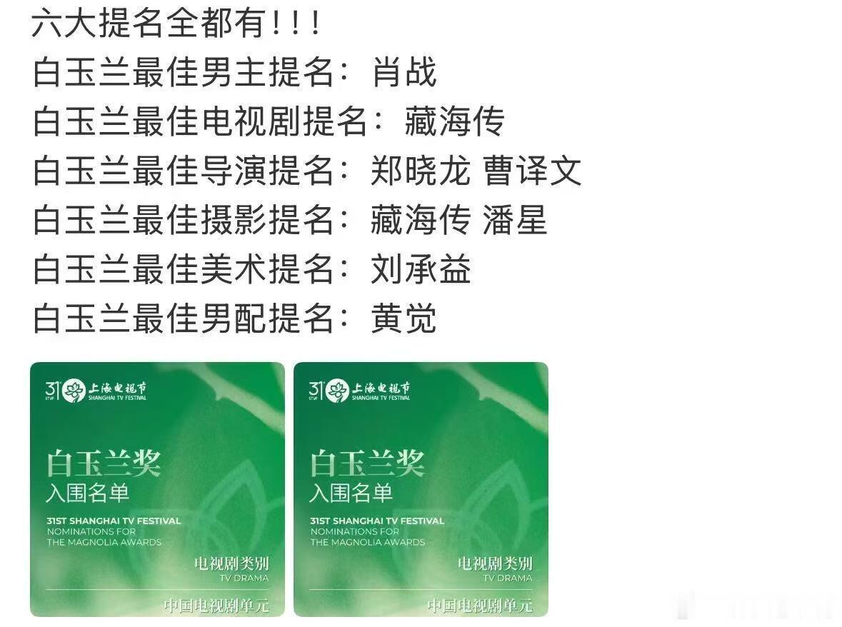 白玉兰入围名单肖战《藏海传》5项入围白玉兰！最佳男主角：肖战最佳电视剧：《藏海传