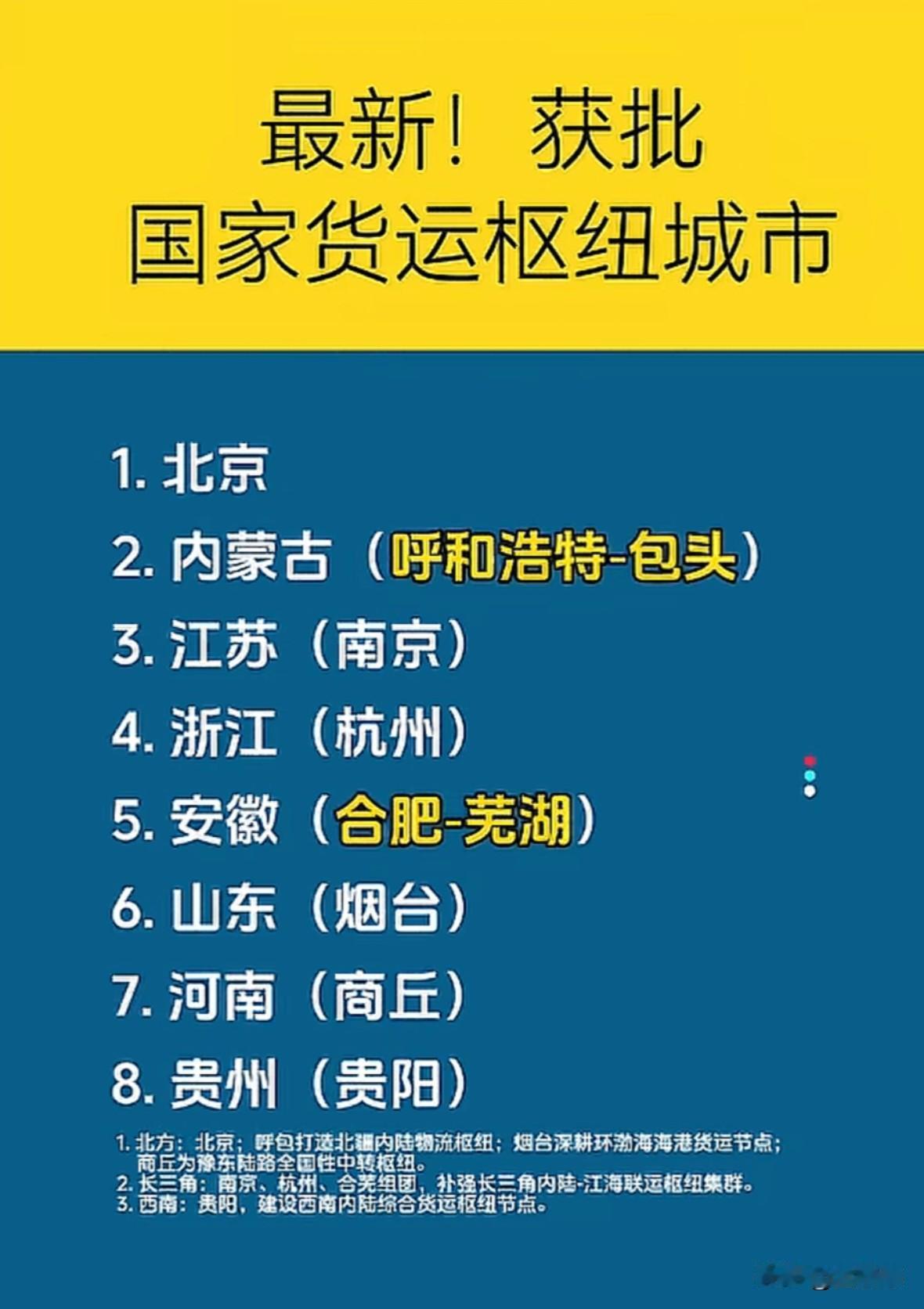 最新，国家货运交通枢纽获批，看看有没有你的家乡。

1 ，北京
2，呼和浩特—包