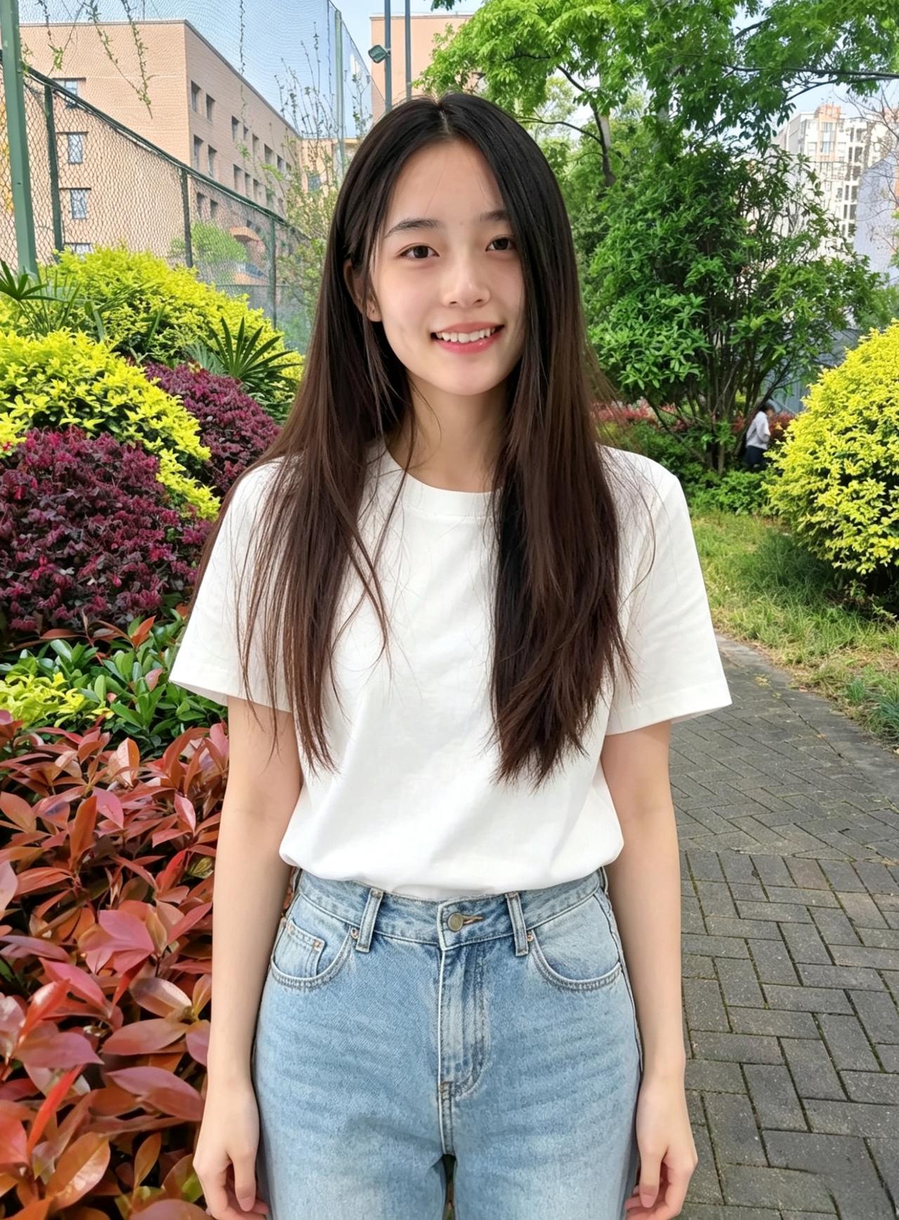 白衫轻倚碧丛边，笑靥如花映晓烟。
一缕清风拂秀色，嫣然倩影落心田。