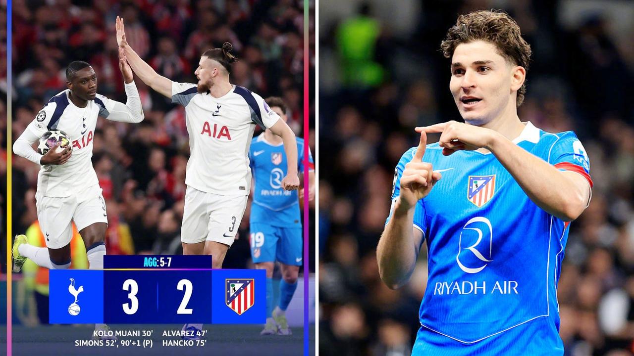 欧冠：马竞客场2-3热刺，但仍以总比分7-5晋级。
阿尔瓦雷斯传射建功，西蒙斯双