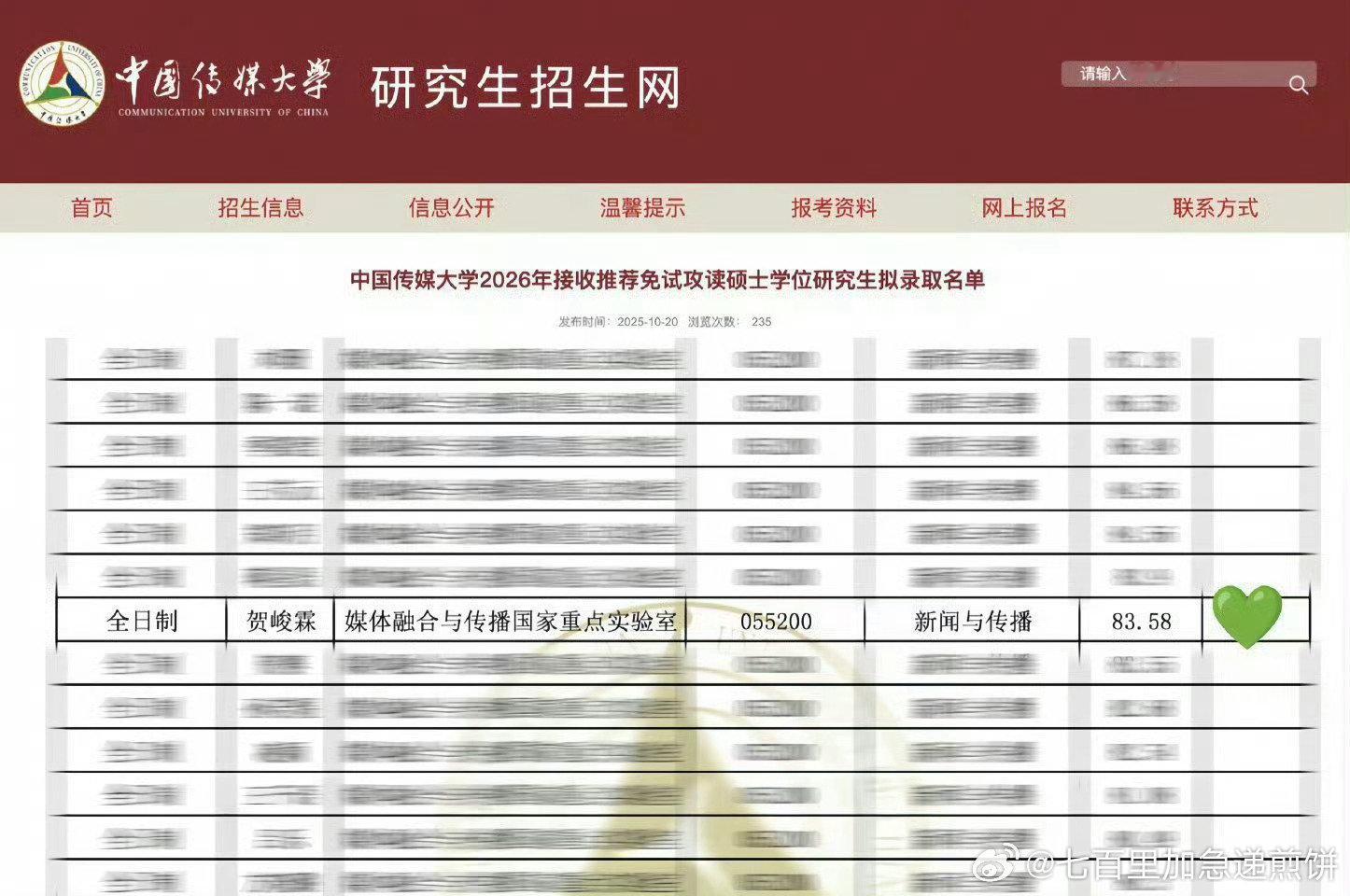 贺峻霖以83.58的复试成绩上榜中传2026年研究生免试拟录取名单，恭喜这个贺儿