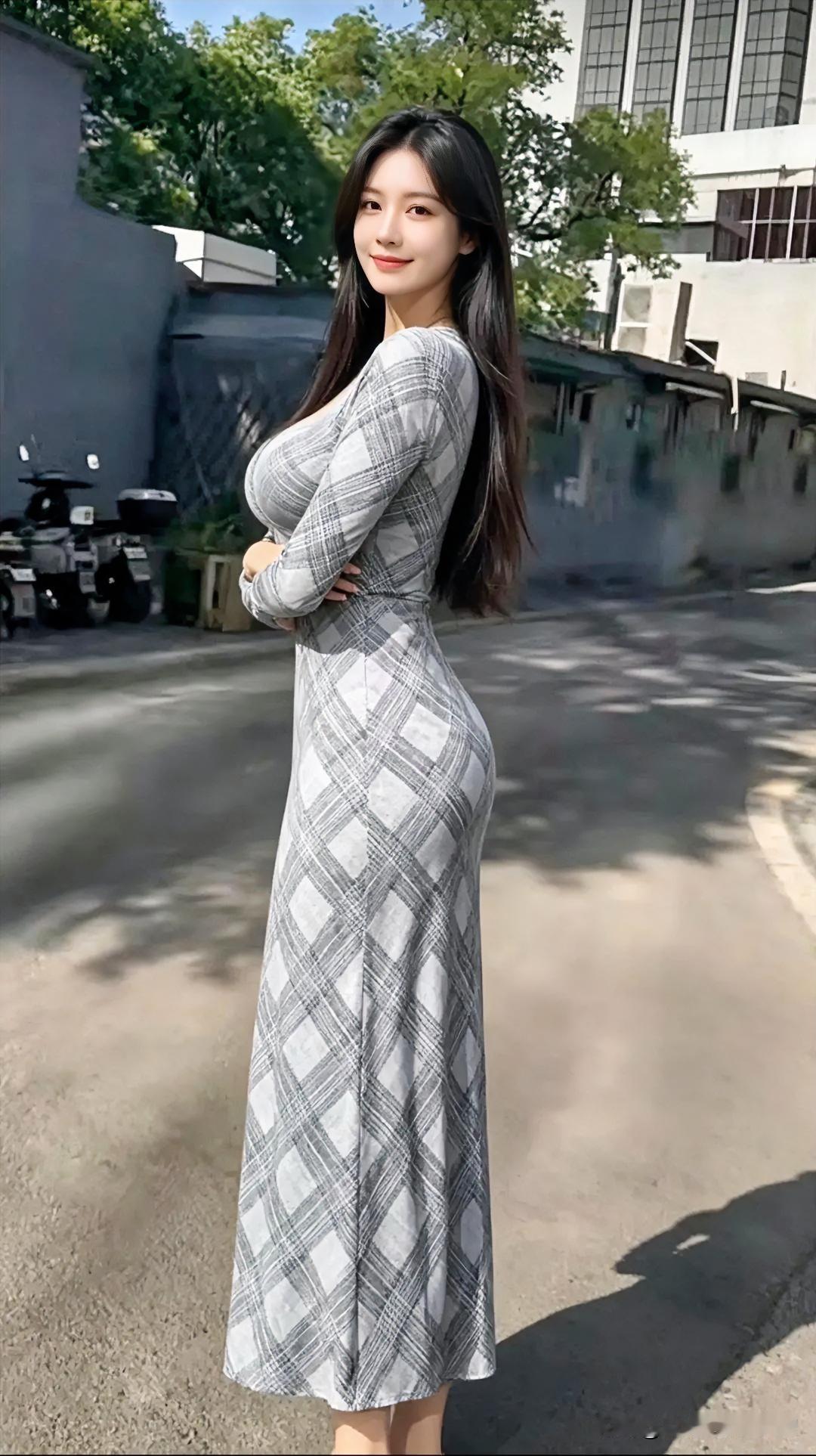 灰白格纹长裙勾勒曼妙曲线，街角回眸，阳光倾洒自信从容。