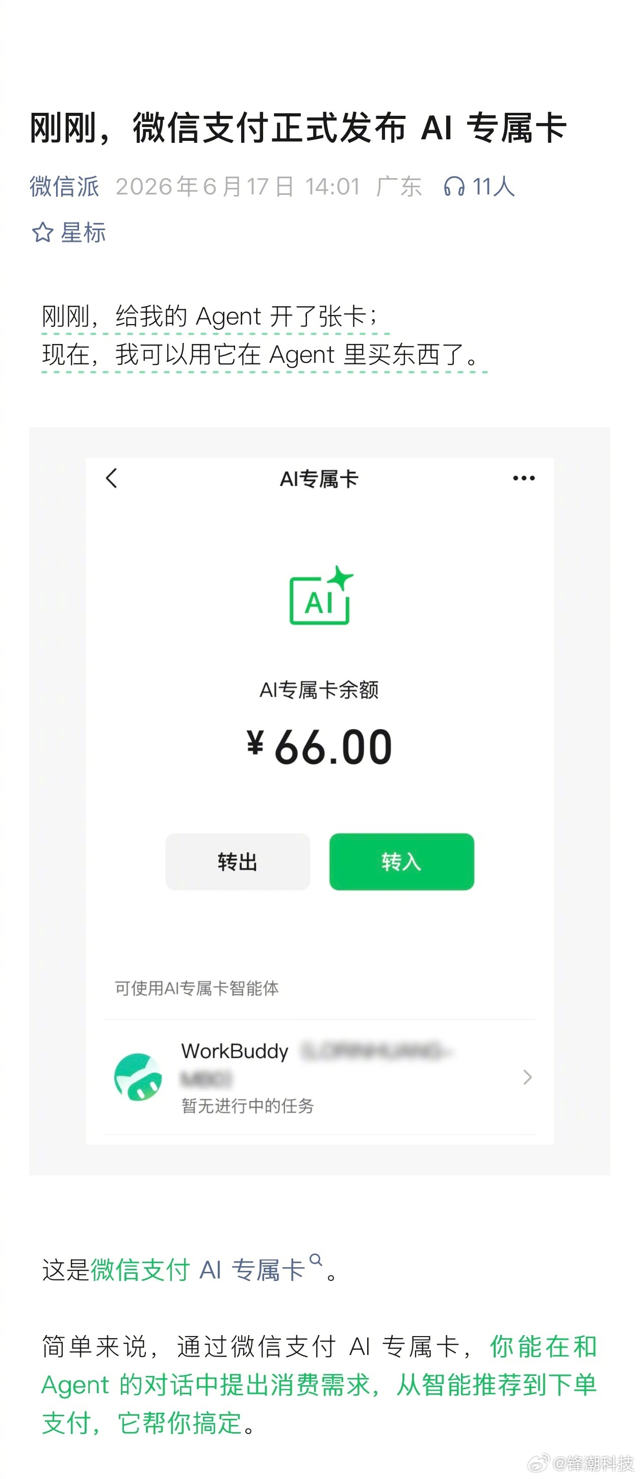 微信支付出了个AI专属卡，可以把钱专门放这卡里，然后委托让AI帮你消费。整个流程