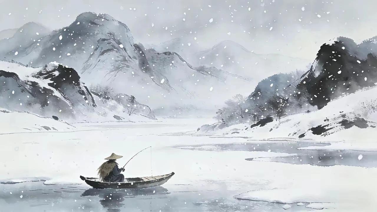 寒江千里玉尘飘，
孤棹横波影自寥。
一笠一竿凝雪色，
苍穹空旷翁独钓。