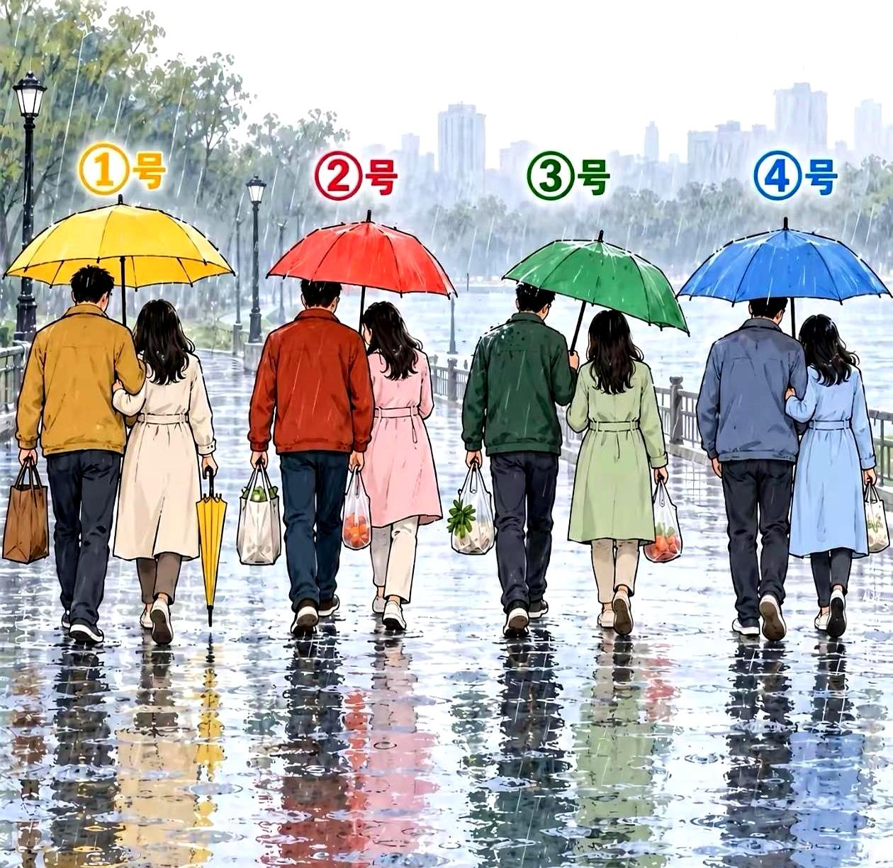 下雨天，四对夫妻走在雨中，每一对都共撑着一把雨伞。
看着都是再平常不过的生活画面