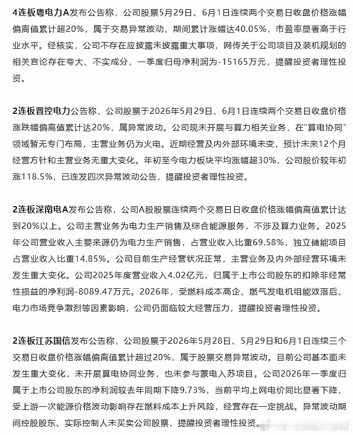 4只电力牛股集体提示风险6月1日晚间，A股多只短期涨幅较大的电力股集中发布股票交