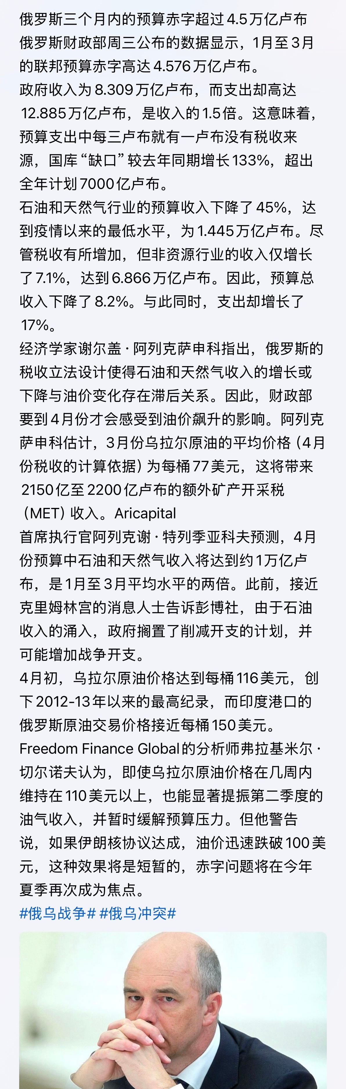 快喽！俄政府收入为8.309万亿卢布，而支出却高达12.885万亿卢布，是收入的