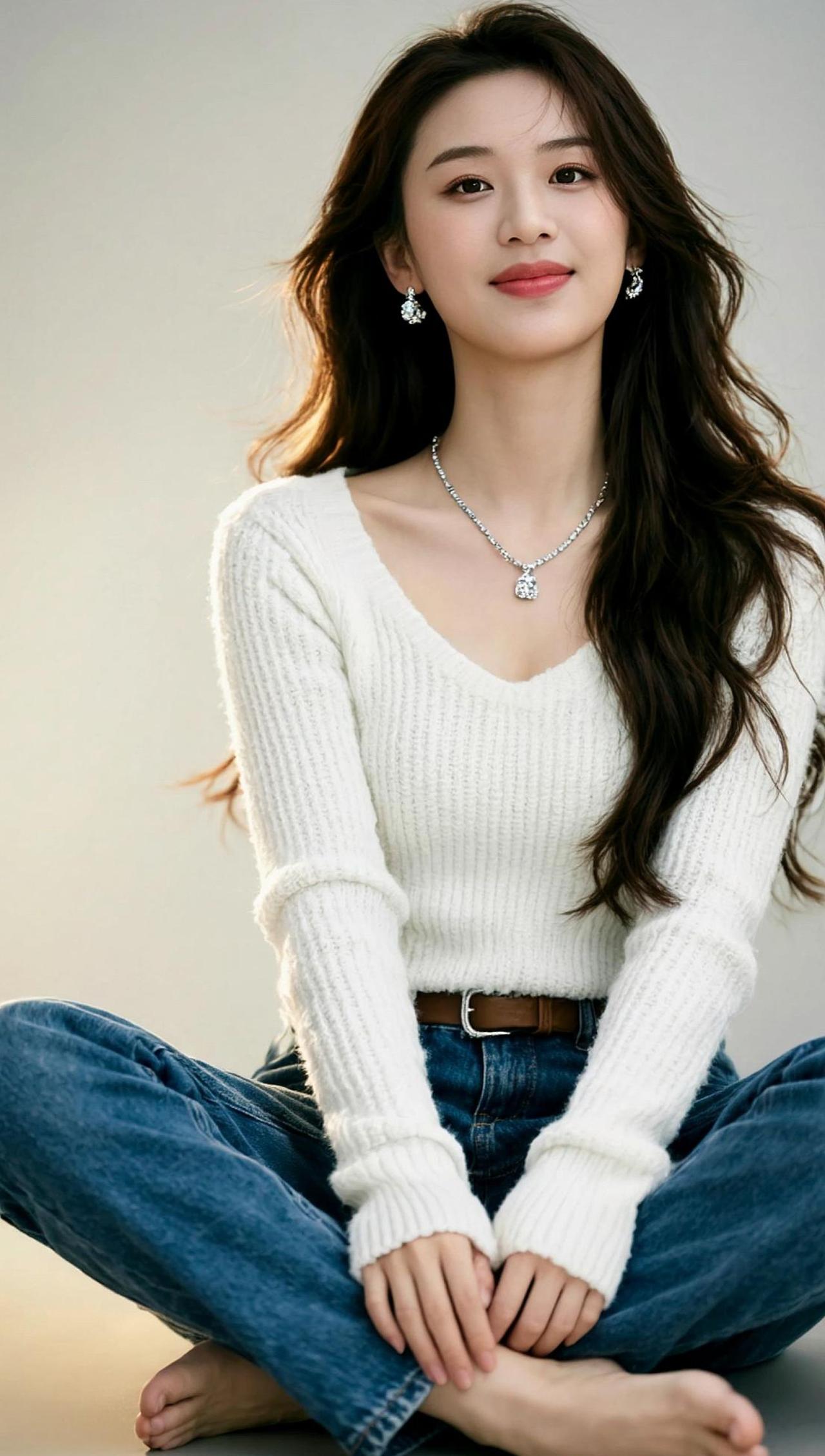 白色毛衣搭配牛仔裤，简约又不失时尚感，仿佛是秋日午后的一缕阳光，温暖而不刺眼。背