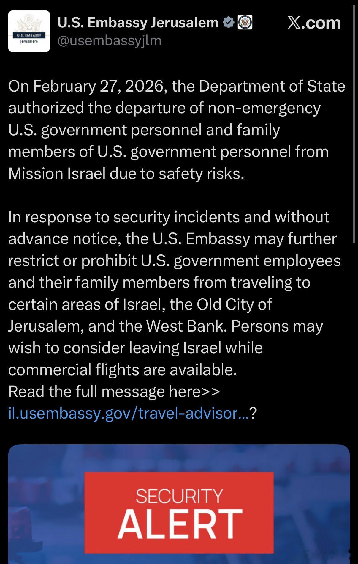 伊朗 由于安全风险，美国国务院已批准非必要的美国政府工作人员及其家属从以色列撤离