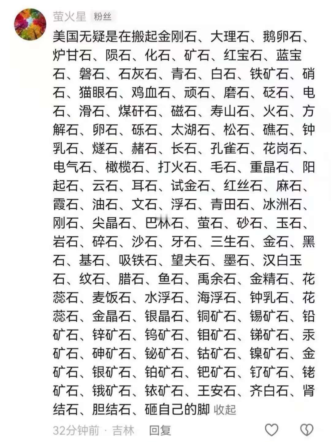 美国搬起石头砸自己的脚。大概数了一下，有113种石头。