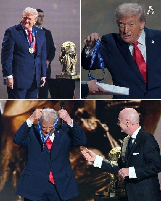 【特朗普获得国际足联和平奖】国际足联主席因凡蒂诺宣布，美国总统特朗普获得了首届国