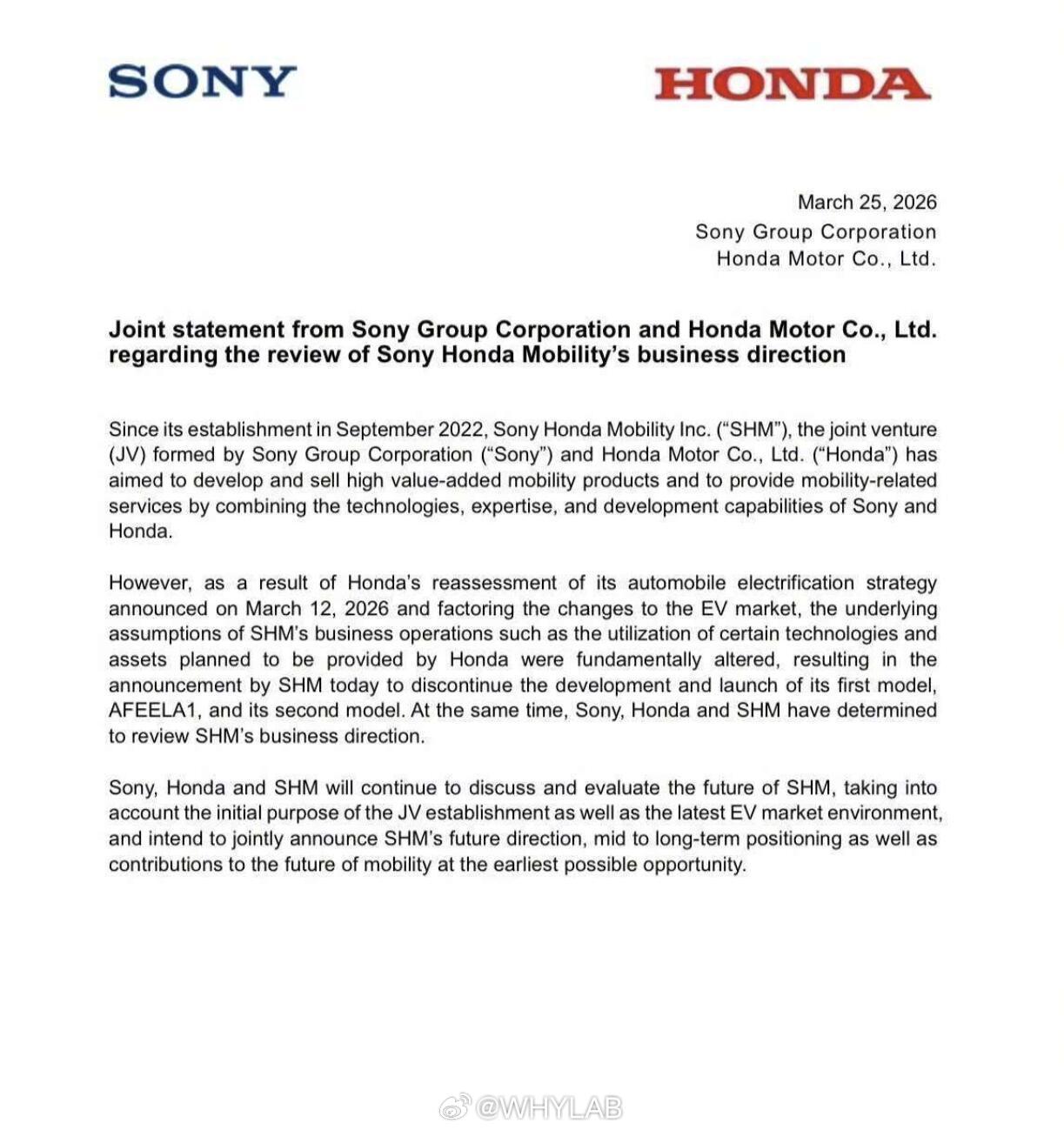 去年热度很高的索尼汽车无了，索尼·本田移动出行公司宣布，AFEELA 的第一款量