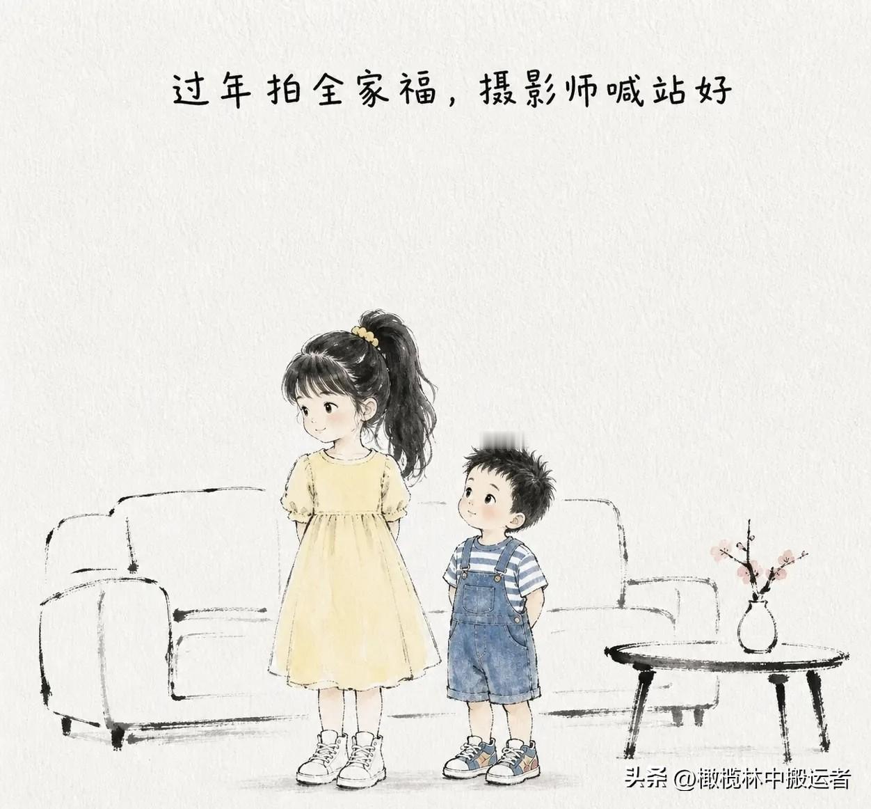 趣味漫画：过年拍全家福，摄影师喊站好。姐姐自然地站到弟弟前面。弟弟：“你挡我了。
