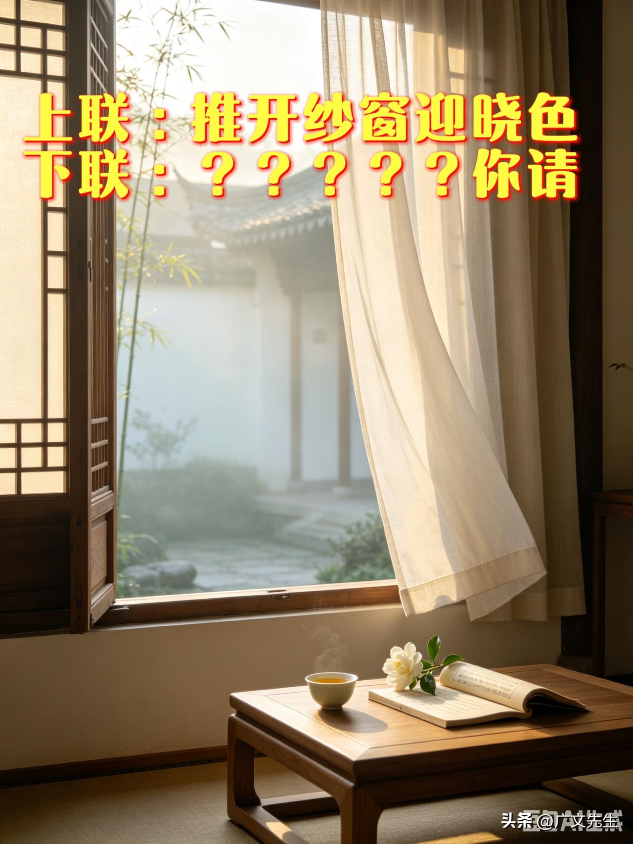 上联：推开纱窗迎晓色
下联：？？？？？你请

清晨睡醒之后无事可做，我慢慢迷上撰