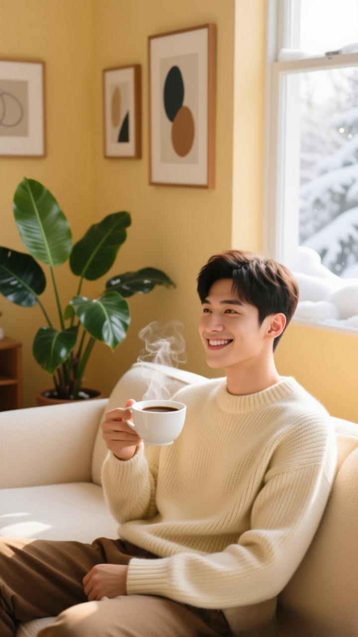 冬日的阳光裹着暖黄的墙，热咖啡的白雾轻勾唇角。窝在软沙发里，连窗外的雪都变得蓬松