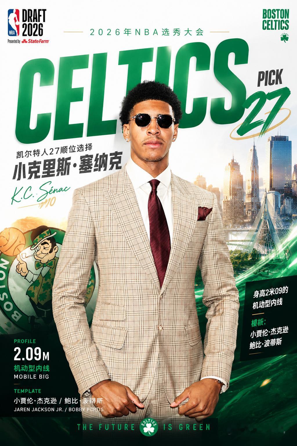 2026年NBA选秀大会凯尔特人在首轮第27顺位选中机动型内线👇小克里斯·塞纳