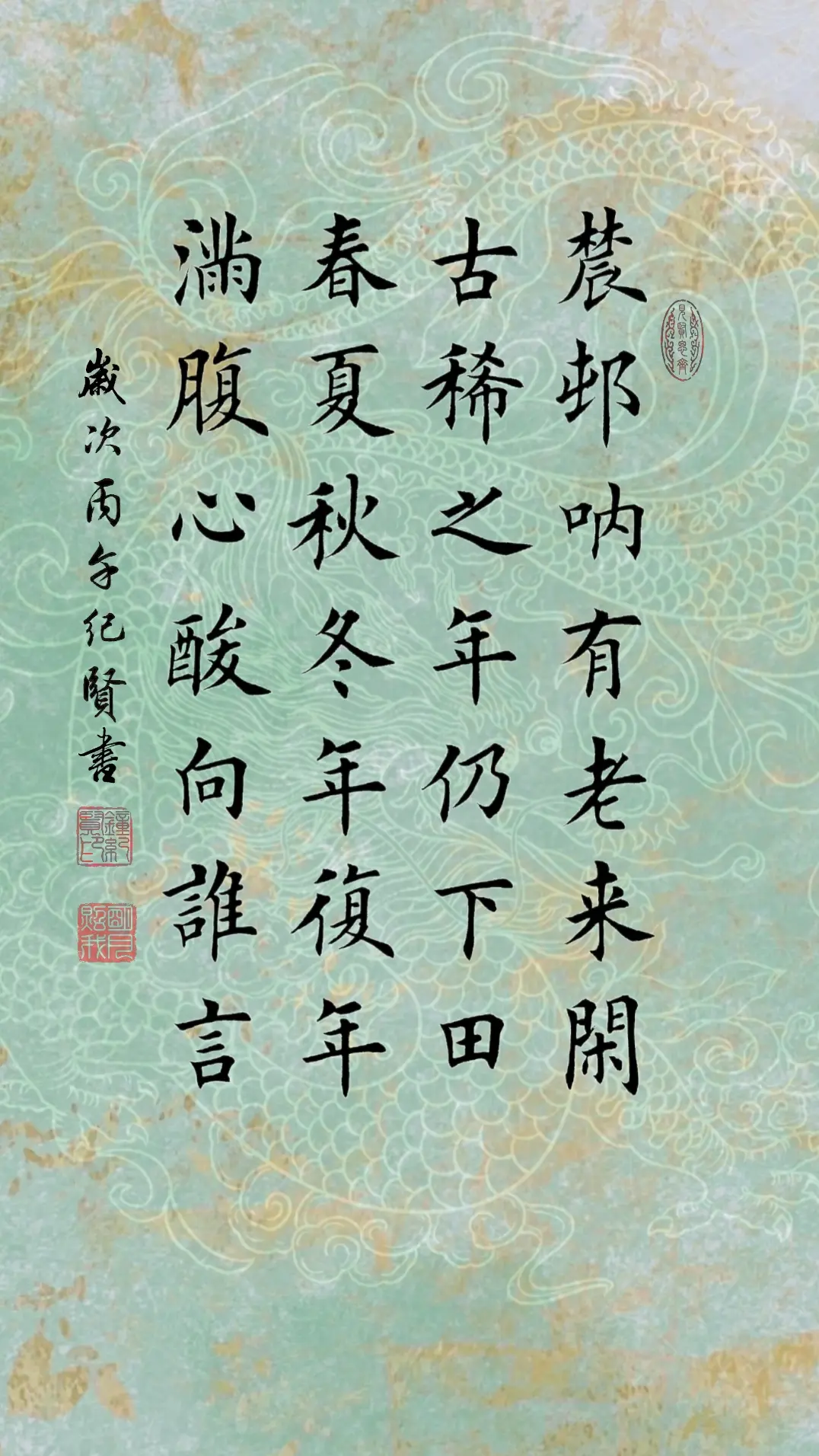 农村哪有老来闲，古稀之年仍下田，春夏秋冬年复年。满腹心酸向谁言
