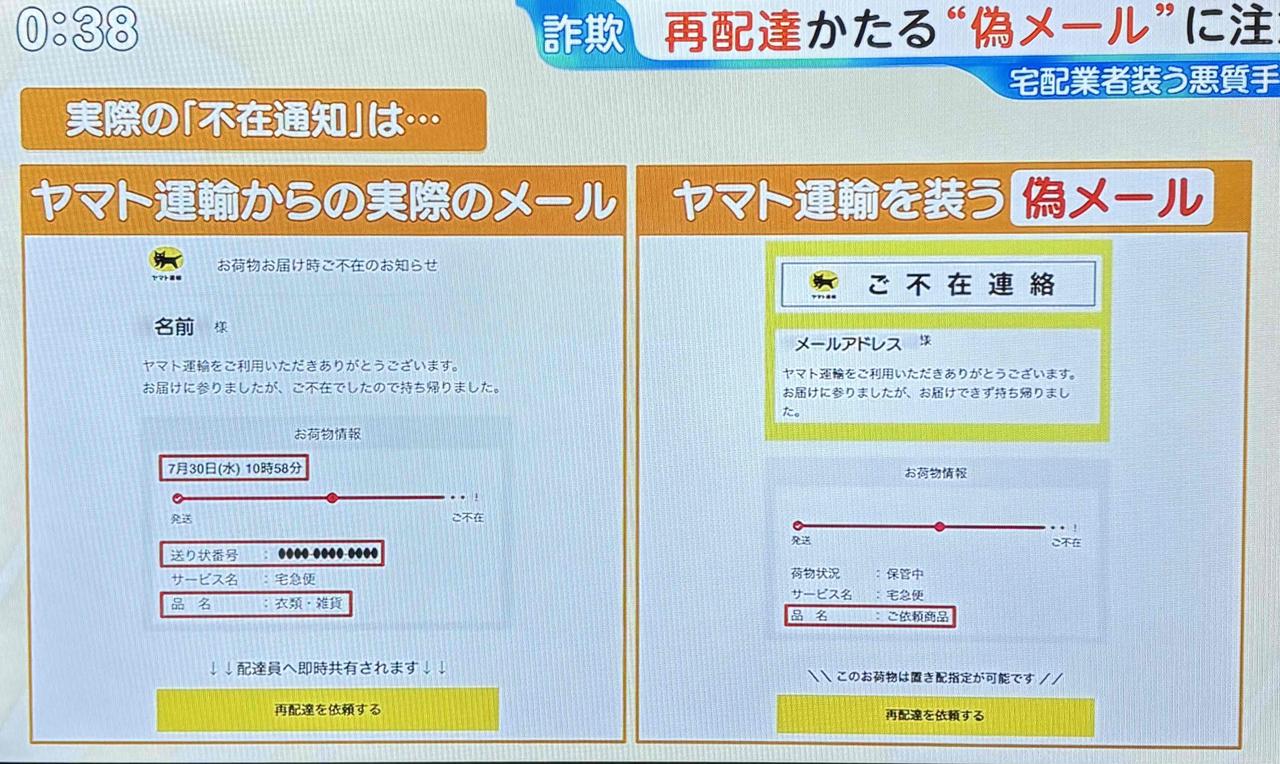 区分真假短信，假短信无来信时间、邮件编号、商品名称。