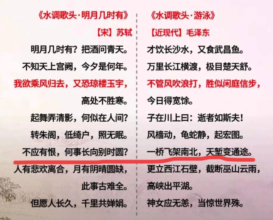 教员的这首水调歌头.游泳，苏轼的水调歌头对比倒数第四句格律不太一样。

不应有恨