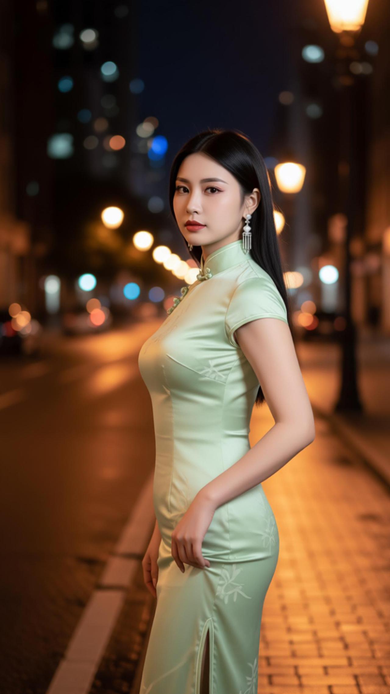夜幕下的老街暖灯次第亮起，浅绿旗袍裹着温婉身姿，衣上暗纹在微光里悄悄舒展。她站在