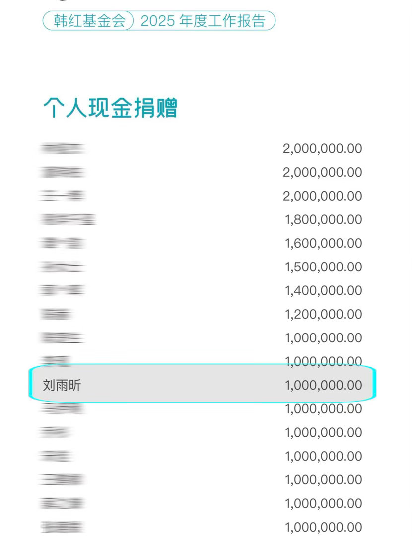 韩红基金会明星捐款名单刘雨昕真的超级好，每次都是一百万一百万的捐，就没有低过一百