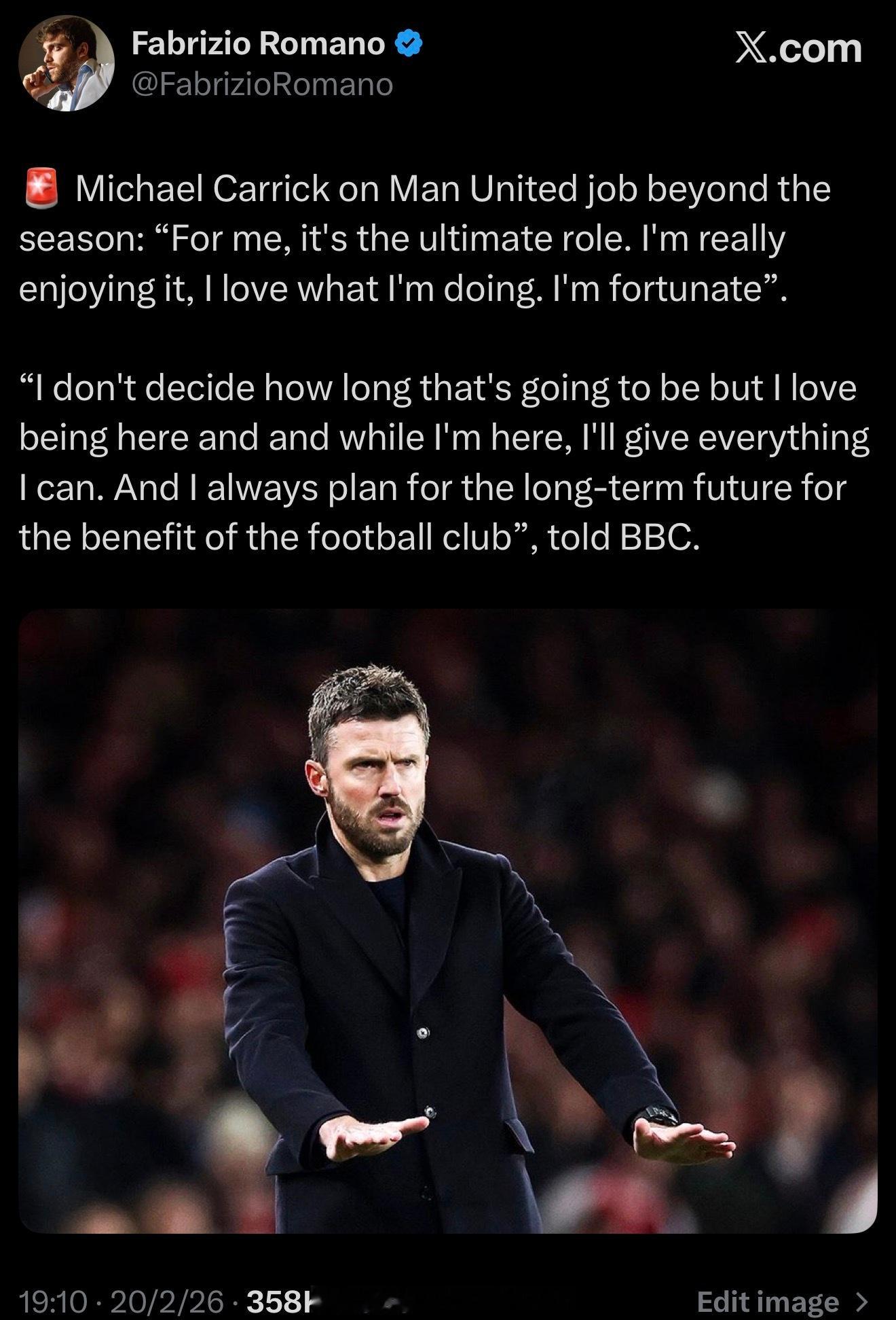 卡里克谈到赛季结束时继续担任曼联主帅一职的展望：“对我来说，这是终极目标。我真的