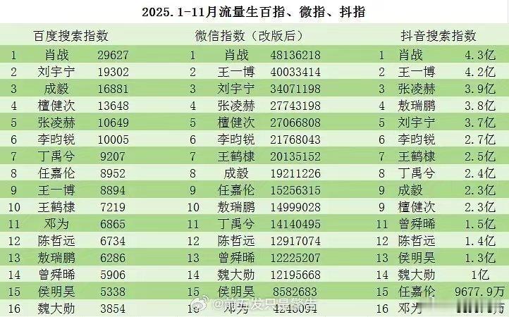 2025年1-11月流量生百指，微指和抖指汇总 （永远的第一名） 