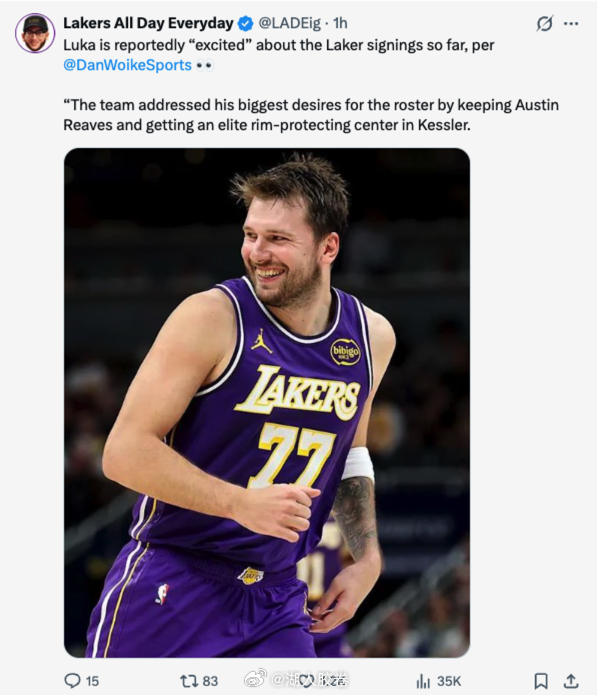 洛杉矶湖人 卢卡对球队目前的签约感到兴奋湖人国度golakers