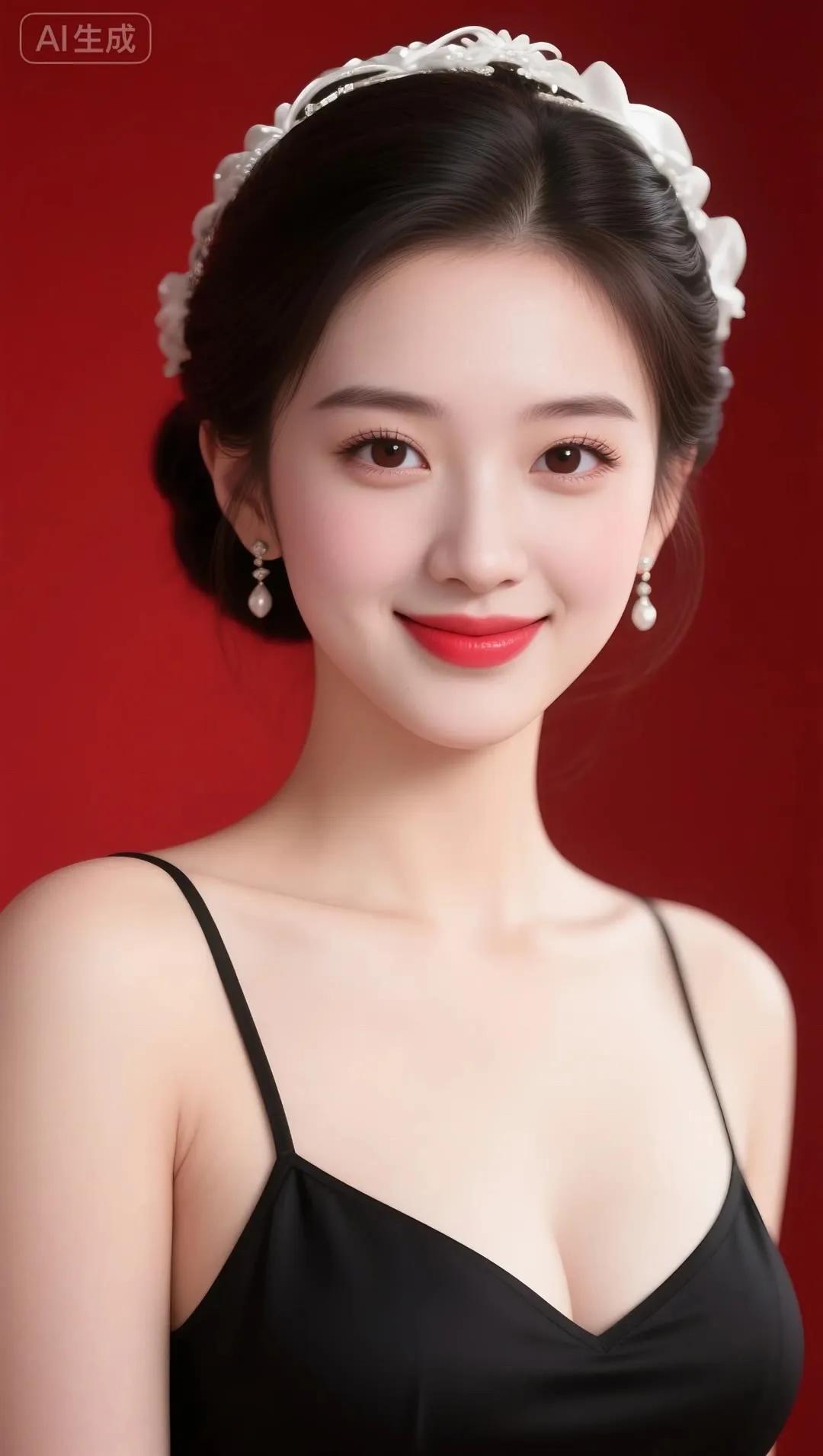 优雅黑裙，甜美笑容，红唇白花，尽显迷人魅力！💄🌹👗