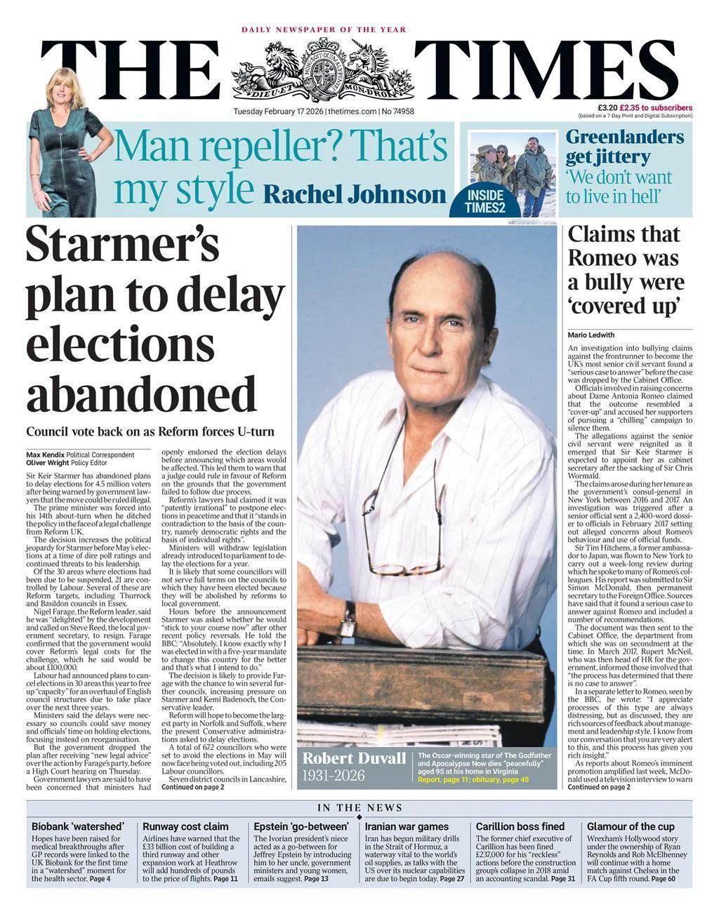 据《泰晤士报》报道，英国首相基尔·斯塔默爵士决定放弃推迟五月英国地方选举的计划，