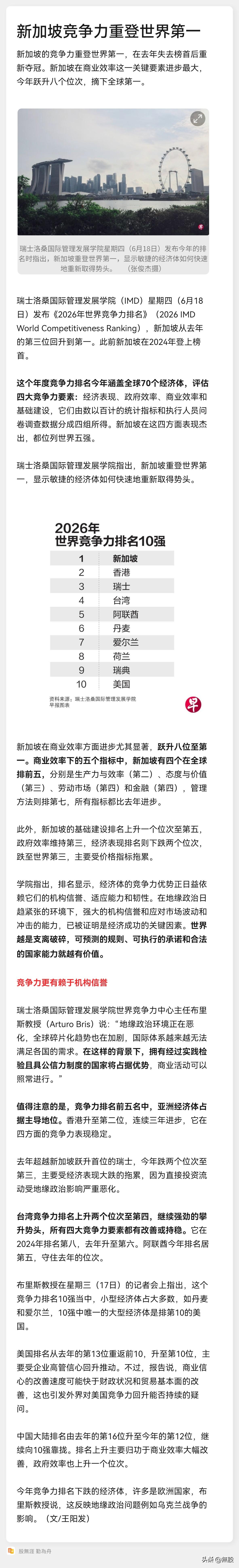 新加坡竞争力重登世界第一