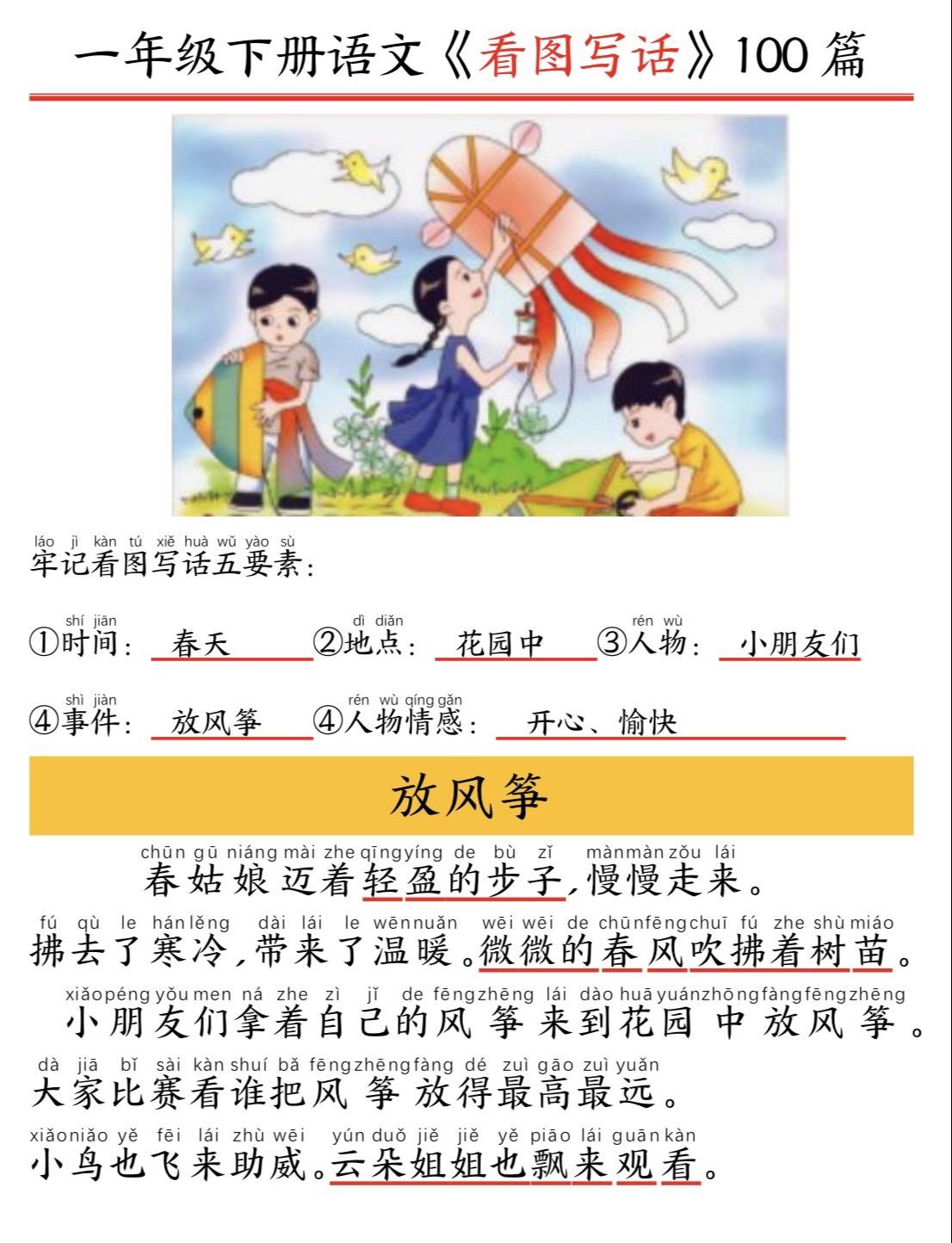 看图写话。一年级下册必考的看图写话需要范文的家长可以进入粉丝群领取