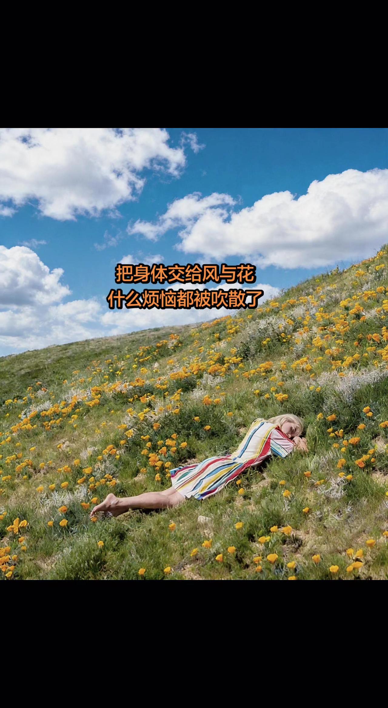 🌿 云是天空的棉花糖，花是大地的微笑✨ 把自己躺成一首诗，风会偷走所有烦恼💨