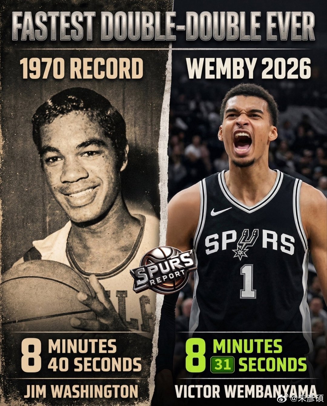 外星人Wembsnyama在8分31秒拿到兩雙，打破了Jim Washingto