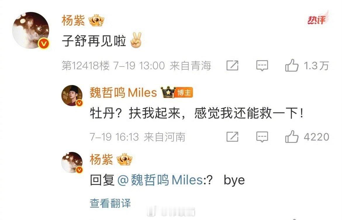 杨紫都有点不敢回魏哲鸣了真被紫妹这个bye可爱到了 ​​​