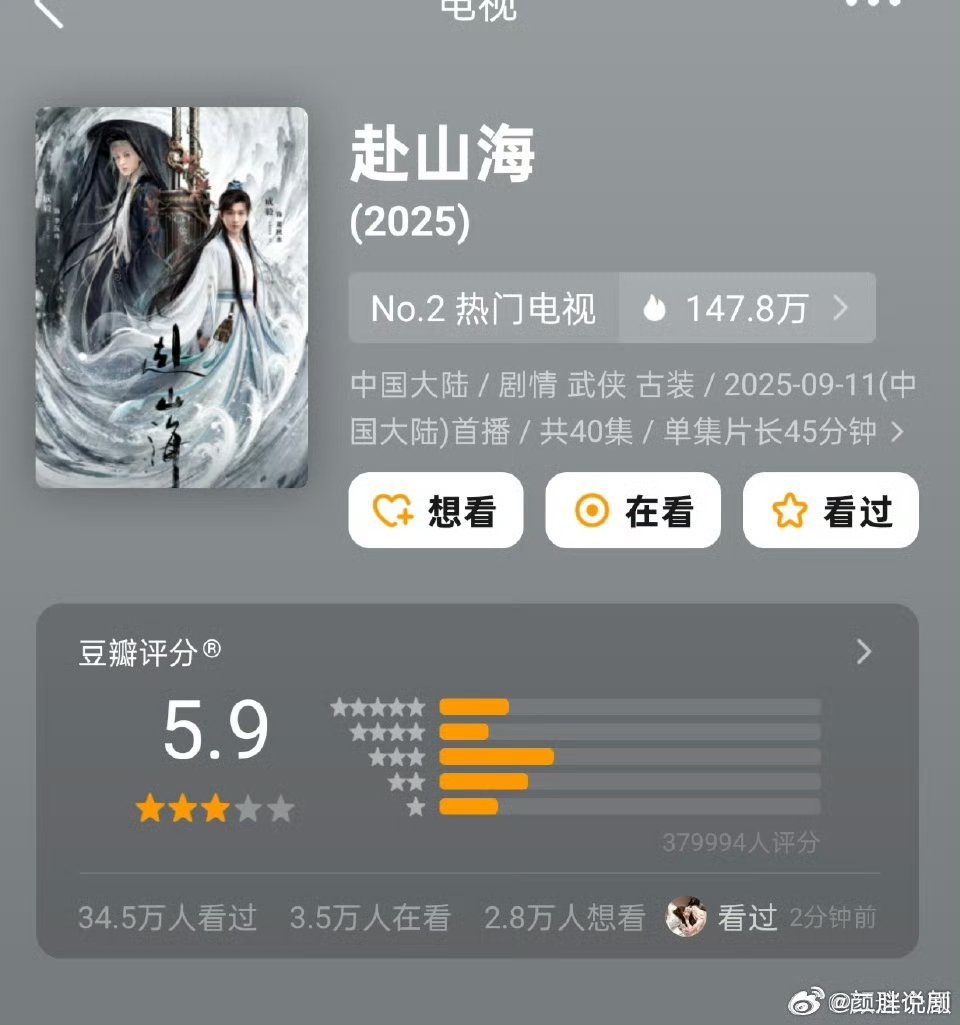 电视剧《赴山海 》豆瓣开分5.9，高了还是低了？二胖觉得明显低了，大家怎么看？ 