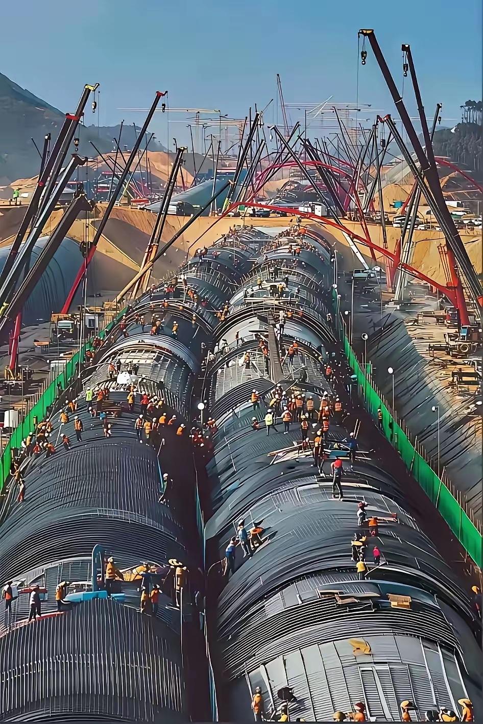 这是一幅航拍视角下的大型基建纪实摄影作品，曾入选全国航拍大赛相关投稿展示。
多组