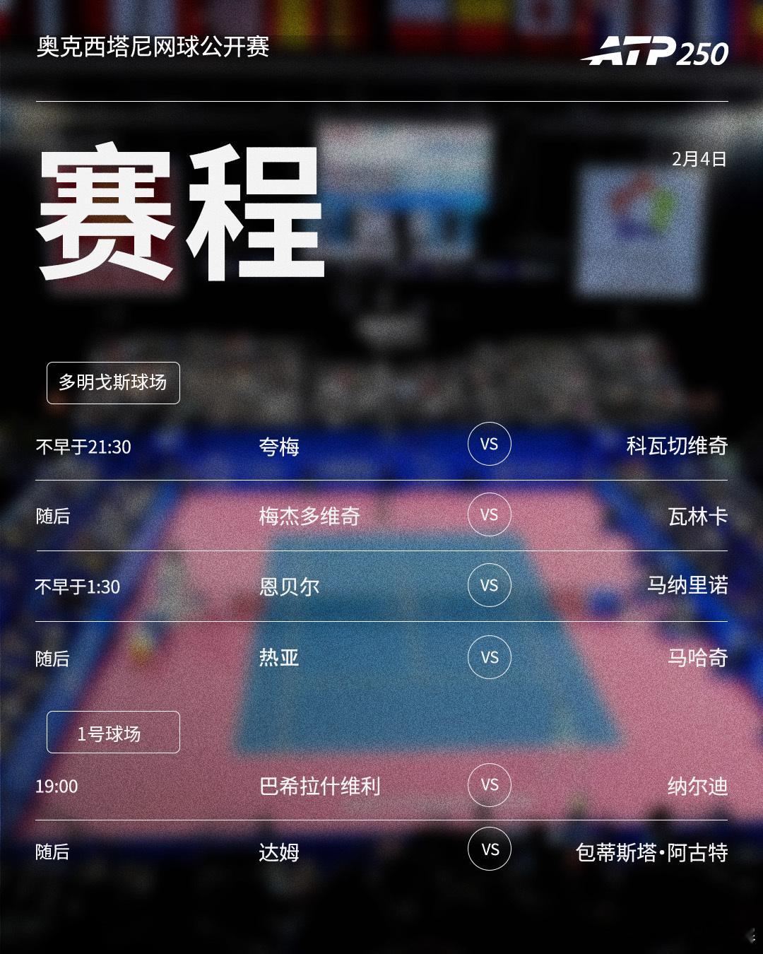 ATP250奥克西塔尼网球公开赛今日将继续进行，赛程见图（北京时间）👀📍法国