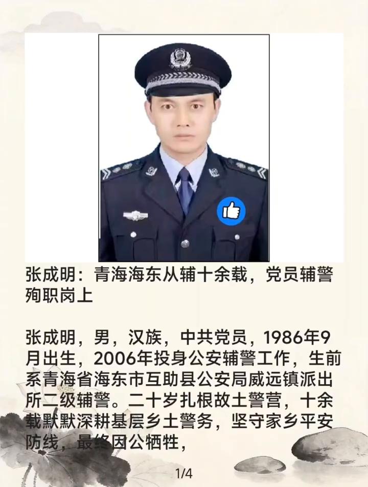 张成明：青海海东从警十余载，党员辅警殉职岗上。
张成明，男，汉族，中共党员，19