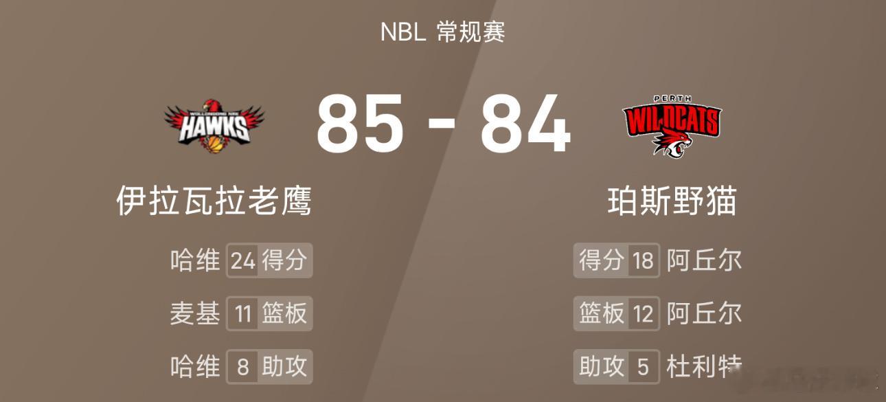 10月25日讯 25/26赛季NBL 常规赛，珀斯野猫对阵伊拉瓦拉老鹰。双方全场