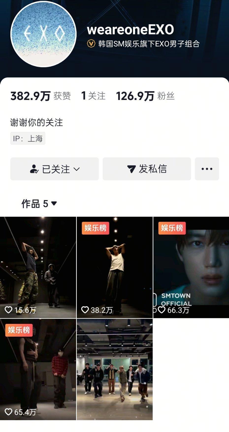 EXO还是太🔥了，开通一天多粉丝已经近130W，最高点赞也快突破200W