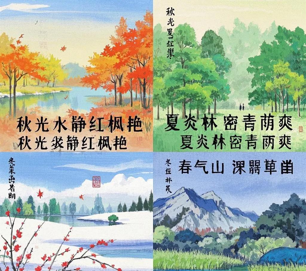 - 秋光水静红枫艳：“秋光”对“春气”，“水静”对“山深”，“红枫艳”对“碧草幽
