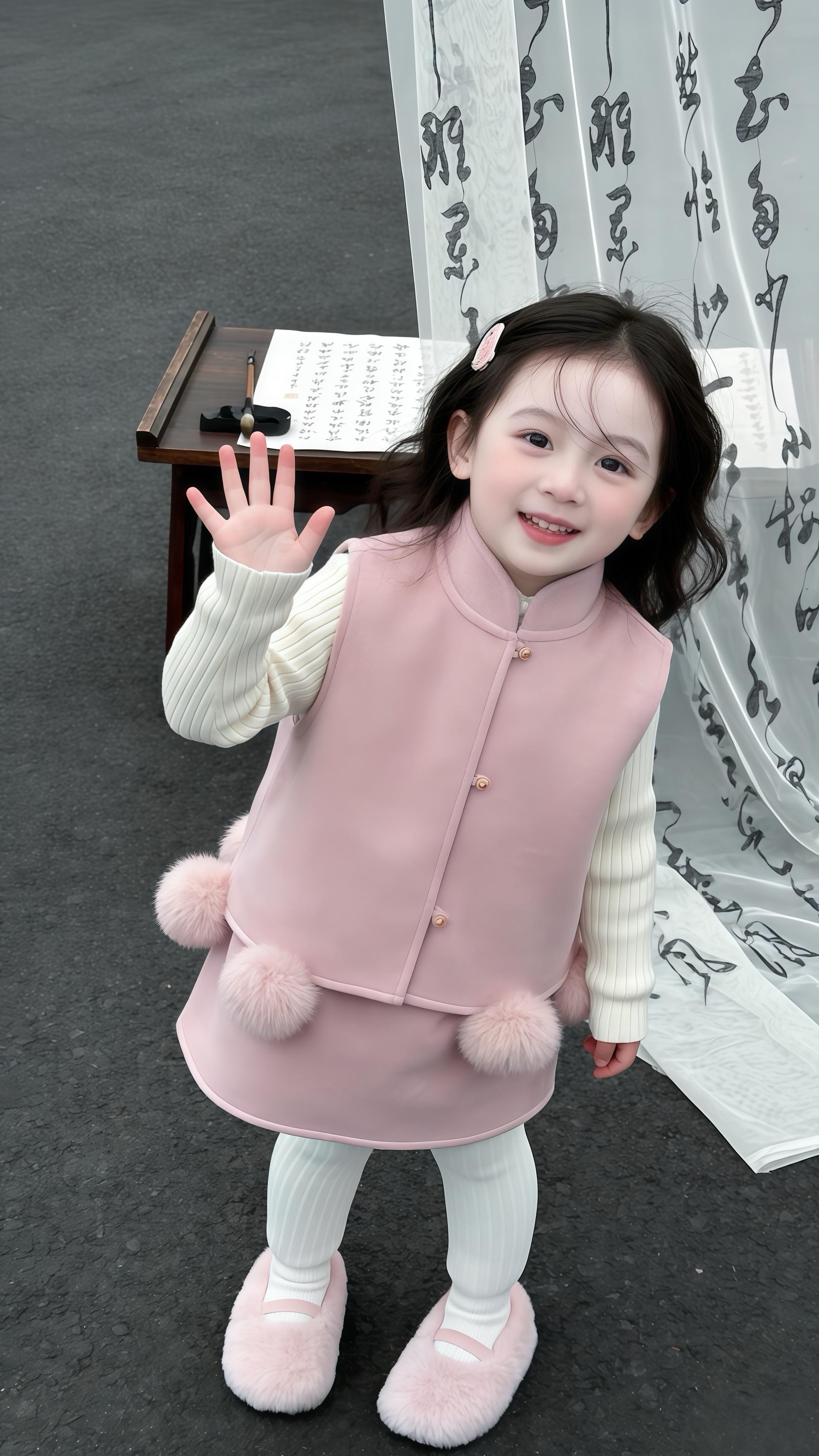 谁能拒绝这套粉嫩的新年童装！国风立领马甲搭配短裙，少女心直接拉满，内搭...